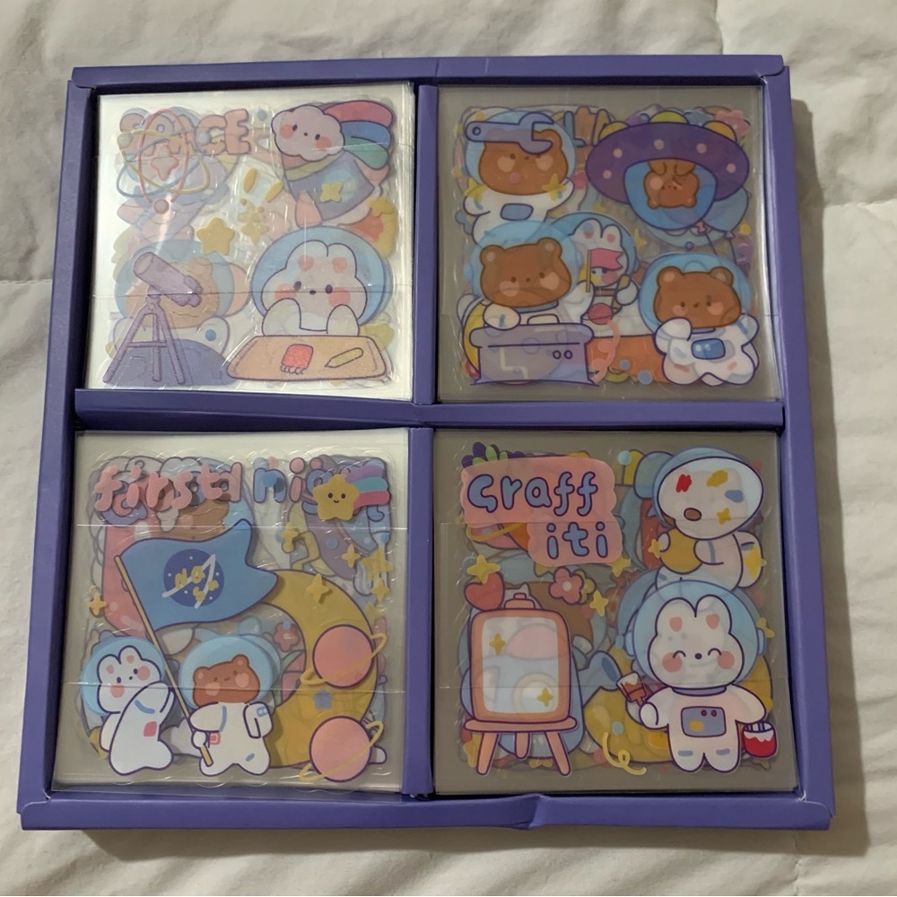 Bear and Bunny Space Themed Set of 100 Clear Background Sticker Sheets